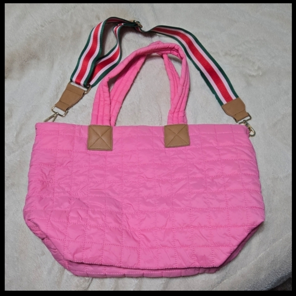 Large Shiraleah Anthropologie Ezra Quilted Tote Bag in pink, adjustable strap